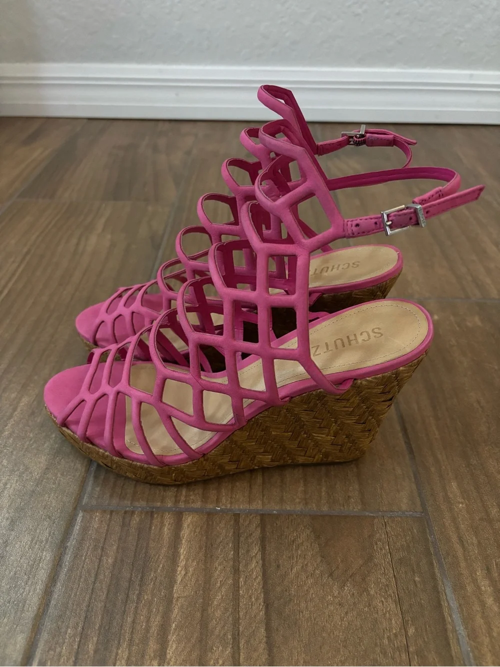 Schutz Marlyn Pink Espadrille Wedge Caged Open Toe Heeled Sandals